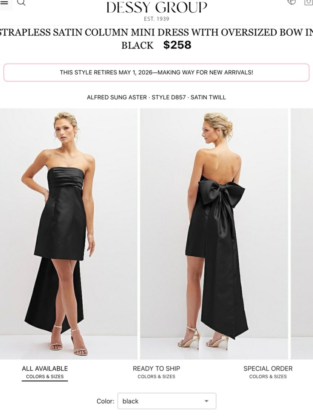 Dessy Group Strapless Satin Mini Dress with Oversized Back Bow — Black